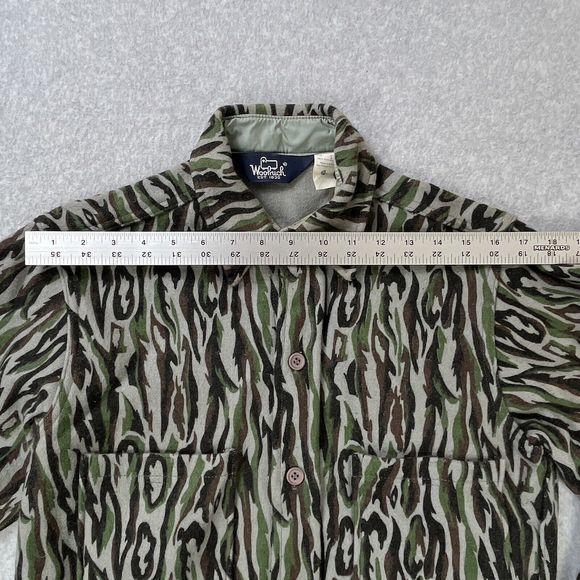 Vintage 80s Woolrich Wool Button Up Shirt Mens Small Tree Bark Camo Made In USA - Picture 3 of 13